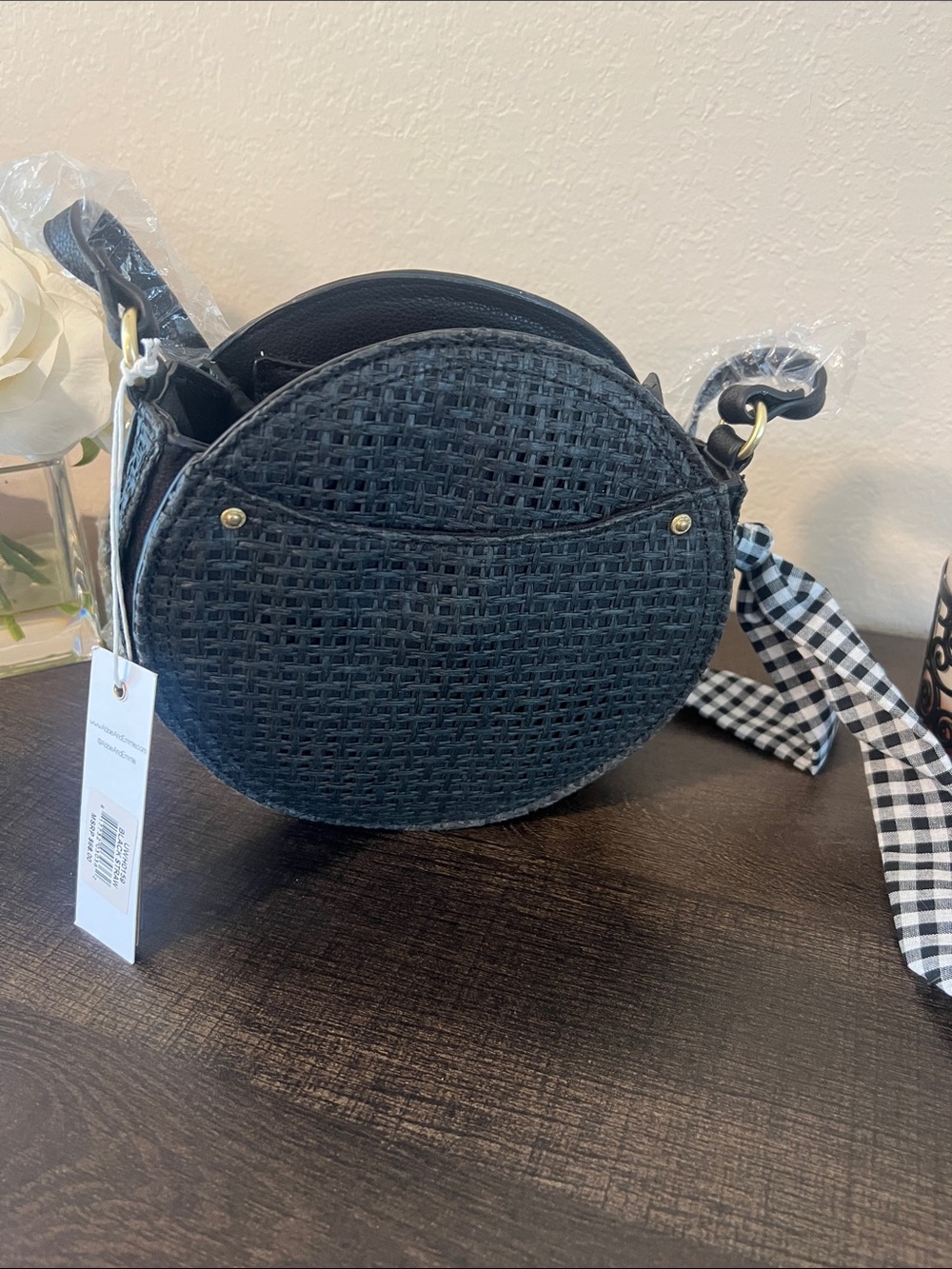 Black Woven Round Crossbody Bag